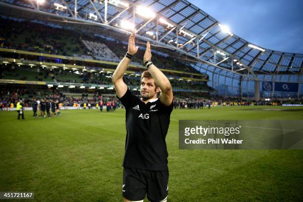 All Black captain Richie McCaw waves to the crowd following the International match between Ireland and the New Zealand All Blacks at Aviva Stadium...