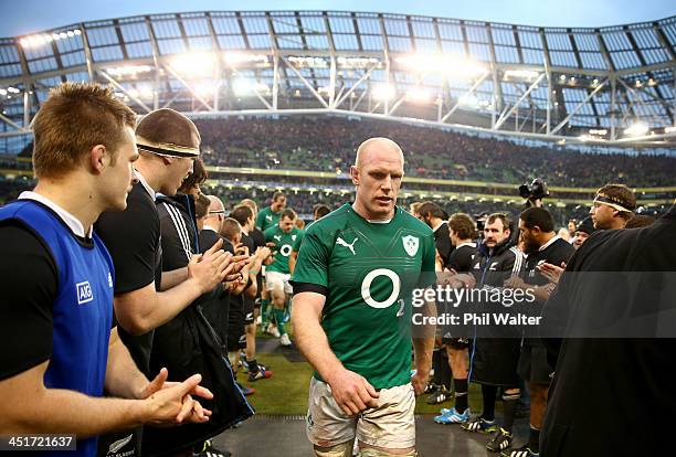 Ireland captain Paul O'Connell leaves the field following the International match between Ireland and the New Zealand All Blacks at Aviva Stadium on...