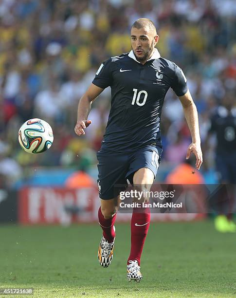Karim Benzema of France controls the ball during the 2014 FIFA World Cup Brazil Quarter Final match between France and Germany at The Maracana on...