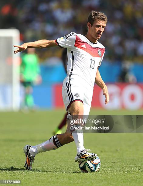 Thomas Muller of Germany controls the ball during the 2014 FIFA World Cup Brazil Quarter Final match between France and Germany at The Maracana on...