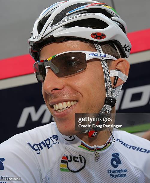 World Champion Rui Costa of Portugal and Lampre-Merida prepares for the start of stage one of the 2014 Tour de France from Leeds to Harrogate on July...