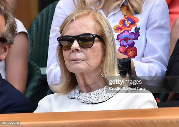 Katharine, Duchess of Kent attends the semi-final match between Roger Federer and Milos Raonic on centre court at The Wimbledon Championships at...