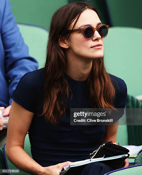 Keira Knightley sits in the Royal Box on Centre Court before the Ladies' Singles final match between Eugenie Bouchard of Canada and Petra Kvitova of...
