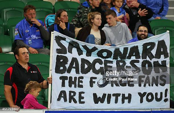 Fan shows their support for Nick Cummins of the Force during the round 18 Super Rugby match between the Western Force and the Queensland Reds at nib...
