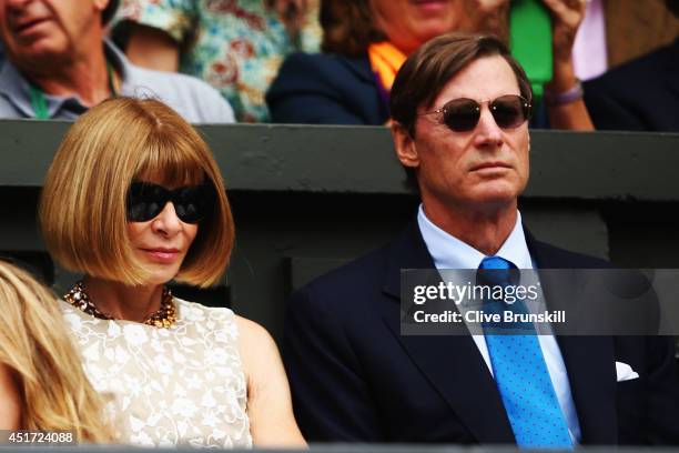 Anna Wintour and Shelby Bryan sit in the Royal Box on Centre Court before the Ladies' Singles final match between Eugenie Bouchard of Canada and...