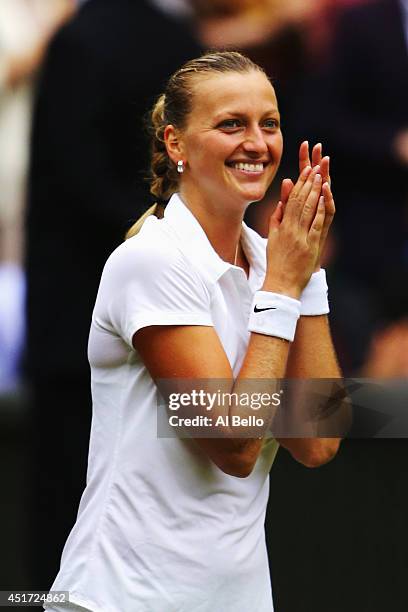 Petra Kvitova of Czech Republic celebrates winning the Ladies' Singles final match against Eugenie Bouchard of Canada on day twelve of the Wimbledon...