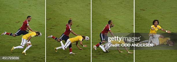 Combination of pictures showing Colombia's defender Juan Camilo Zuniga challenging Brazil's forward Neymar and Brazilian defender Marcelo shouting...