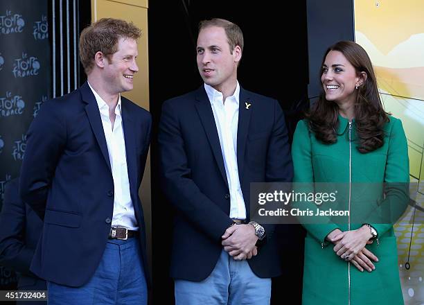 Prince Harry, Prince William, Duke of Cambridge and Catherine, Duchess of Cambridge laugh together on the podium after Stage 1 of the Tour De France...