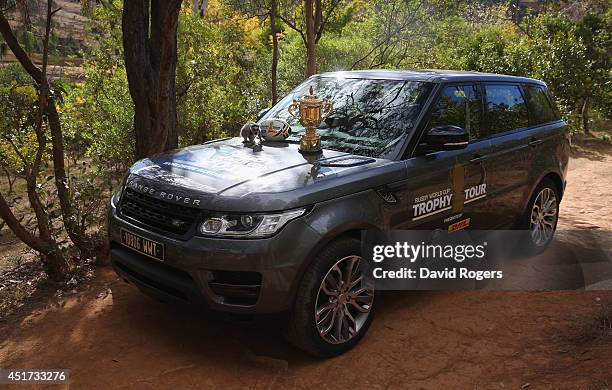 Ring-tailed lemur, which is indigenous to Madagascar, poses with the Webb Ellis Cup during a visit to the Lemur Park during the Rugby World Cup...