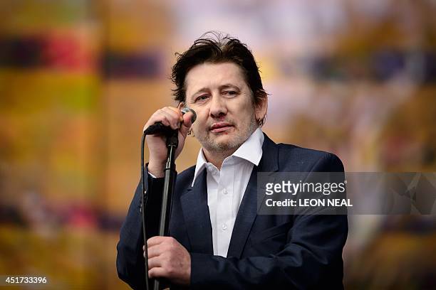 Shane MacGowan of British group The Pogues performs on stage at the British Summer Time festival in Hyde Park in central London, on July 5, 2014. The...