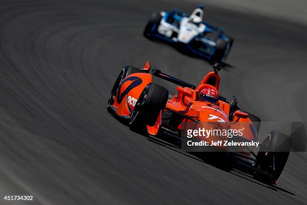 Simon Pagenaud of France drives the Schmidt Peterson Hamilton Motorsports Honda during practice for the Pocono INDYCAR 500 at Pocono Raceway on July...