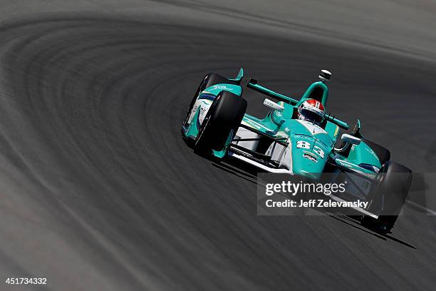 Charlie Kimball drives the Levemir FlexTouch Chevrolet during practice for the Pocono INDYCAR 500 at Pocono Raceway on July 5, 2014 in Long Pond,...