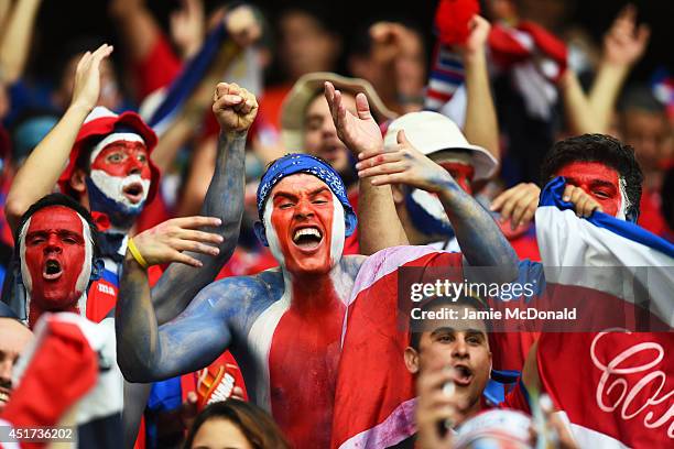 Costa Rica fans cheer prior to the 2014 FIFA World Cup Brazil Quarter Final match between the Netherlands and Costa Rica at Arena Fonte Nova on July...