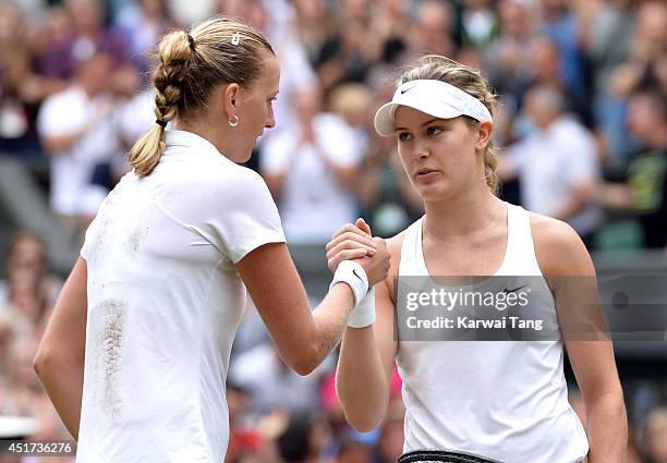 Petra Kvitova defeats Eugenie Bouchard in the ladies singles final on centre court during day twelve of the Wimbledon Championships at Wimbledon on...