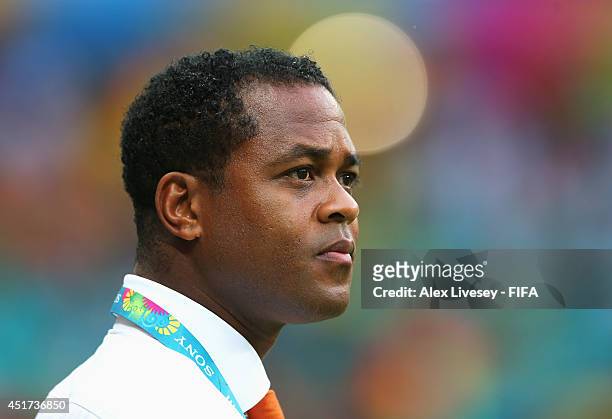Assistant coach Patrick Kluivert of the Netherlands looks on prior to the 2014 FIFA World Cup Brazil Quarter Final match between Netherlands and...