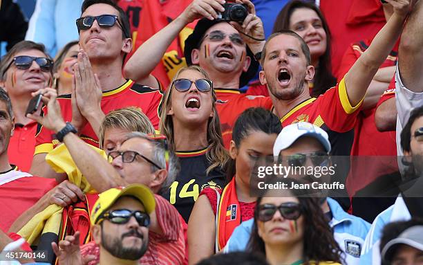 Katrin Mertens, wife of Dries Mertens of Belgium attends the 2014 FIFA World Cup Brazil Quarter Final match between Argentina and Belgium at Estadio...