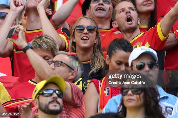 Katrin Mertens, wife of Dries Mertens of Belgium attends the 2014 FIFA World Cup Brazil Quarter Final match between Argentina and Belgium at Estadio...