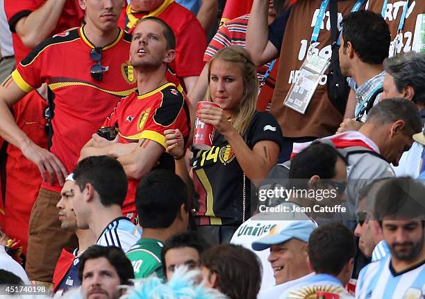 Katrin Mertens, wife of Dries Mertens of Belgium attends the 2014 FIFA World Cup Brazil Quarter Final match between Argentina and Belgium at Estadio...