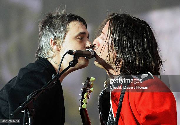 Pete Doherty and Carl Barat of The Libertines performs on stage at British Summer Time Festival at Hyde Park on July 5, 2014 in London, United...