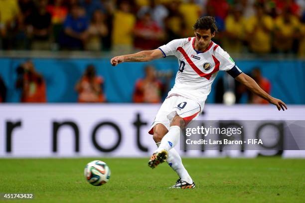 Bryan Ruiz of Costa Rica kicks in a penalty shootout before being saved during the 2014 FIFA World Cup Brazil Quarter Final match between Netherlands...