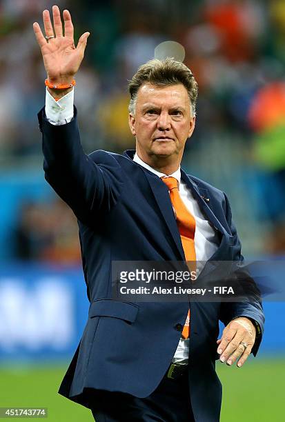Head coach Louis van Gaal of the Netherlands celebates the win after the 2014 FIFA World Cup Brazil Quarter Final match between Netherlands and Costa...