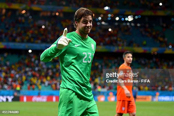 Tim Krul of the Netherlands celebrates the win after stopping two penalty kicks in a penalty shootout in the 2014 FIFA World Cup Brazil Quarter Final...
