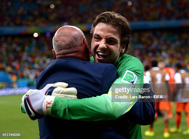 Tim Krul of the Netherlands celebrates the win after the 2014 FIFA World Cup Brazil Quarter Final match between Netherlands and Costa Rica at Arena...