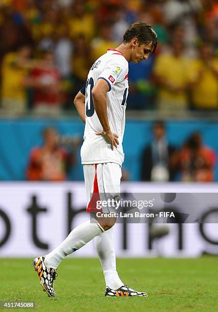 Bryan Ruiz of Costa Rica reacts after the defeat in the 2014 FIFA World Cup Brazil Quarter Final match between Netherlands and Costa Rica at Arena...