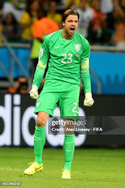 Tim Krul of the Netherlands reacts after saving a penalty kick by Bryan Ruiz of Costa Rica during the 2014 FIFA World Cup Brazil Quarter Final match...
