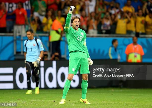 Tim Krul of the Netherlands reacts after saving a penalty kick by Bryan Ruiz of Costa Rica during the 2014 FIFA World Cup Brazil Quarter Final match...