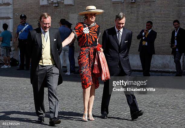 Prince Jean of Luxembourg, Countess Diane de Nassau and Prince Guillaume of Luxembourg attend the wedding of Prince Amedeo Of Belgium and Elisabetta...