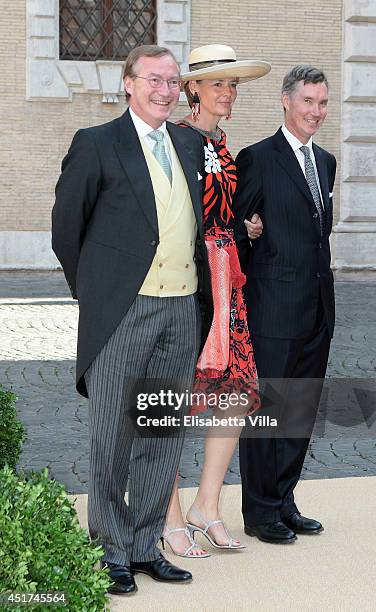 Prince Jean of Luxembourg, Countess Diane de Nassau and Prince Guillaume of Luxembourg attend the wedding of Prince Amedeo Of Belgium and Elisabetta...