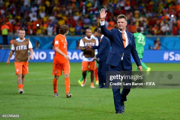 Head coach Louis van Gaal of the Netherlands celebates the win after the 2014 FIFA World Cup Brazil Quarter Final match between Netherlands and Costa...