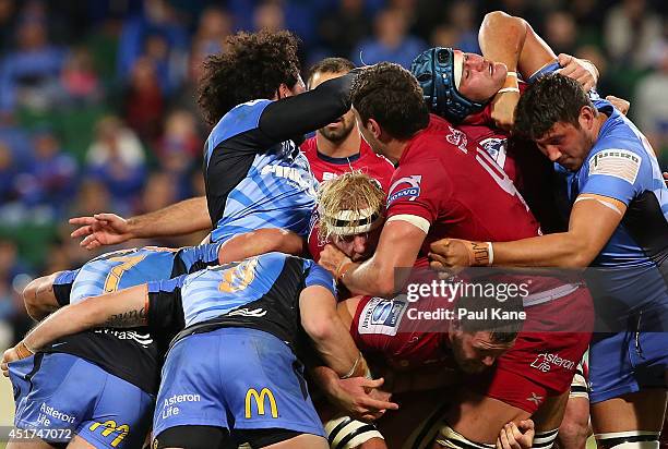 Force and Reds players in a maul during the round 18 Super Rugby match between the Western Force and the Queensland Reds at nib Stadium on July 5,...