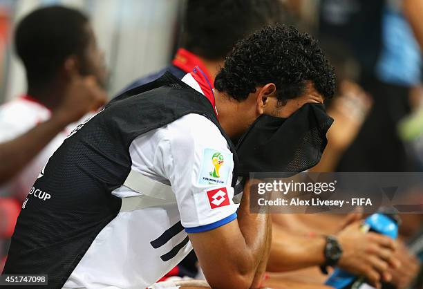 Michael Barrantes of Costa Rica reacts on the bench during the 2014 FIFA World Cup Brazil Quarter Final match between Netherlands and Costa Rica at...
