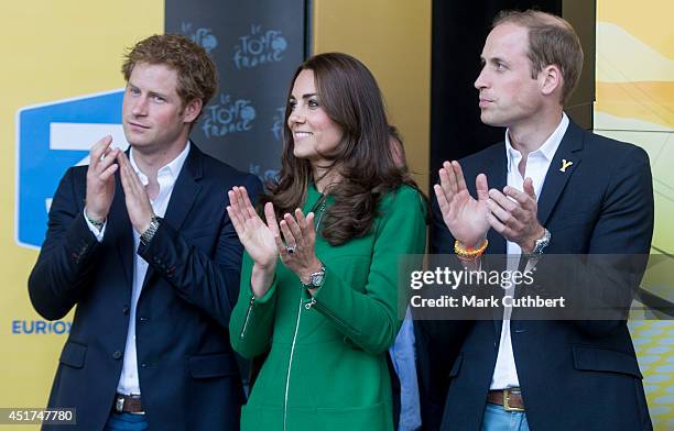 Prince William, Duke of Cambridge and Catherine, Duchess of Cambridge with Prince Harry at the finish line of stage one of The Tour de France on July...