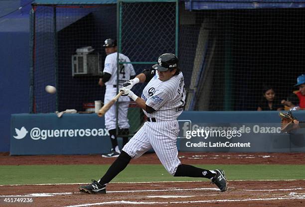 Oscar Robles hits the ball during a match between Saraperos de Saltillo and Guerreros de Oaxaca as part of the Mexican Baseball League 2014 at...