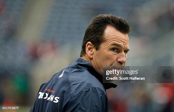 Head coach Gary Kubiak of the Houston Texans waits on the field before the game against the Jacksonville Jaguars at Reliant Stadium on November 24,...