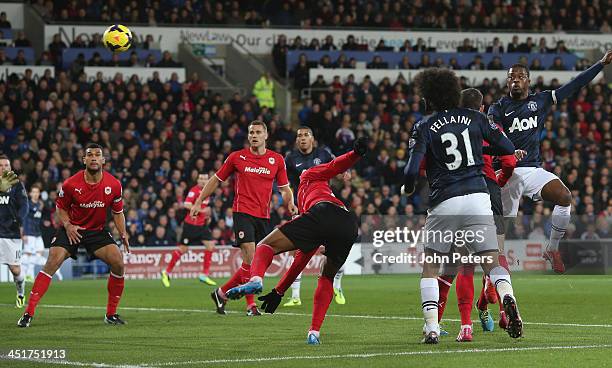 Patrice Evra of Manchester United scores their second goal during the Barclays Premier League match between Cardiff City and Manchester United at...