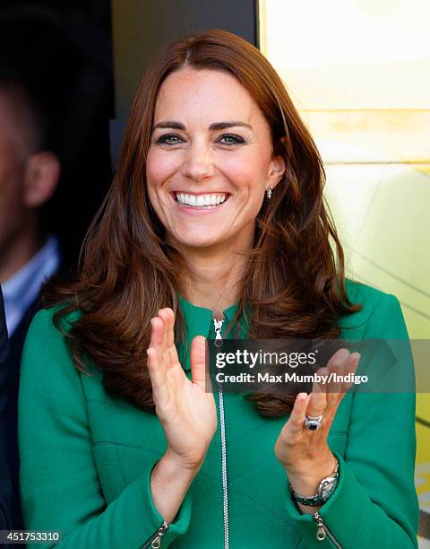 Catherine, Duchess of Cambridge stands on the podium at the finish of stage one of the Tour de France on July 5, 2014 in Harrogate, England.