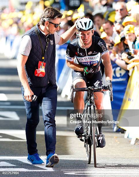 Mark Cavendish finishes stage one of the Tour de France after crashing just before the finish line on July 5, 2014 in Harrogate, England.