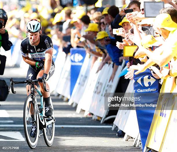 Mark Cavendish finishes stage one of the Tour de France after crashing just before the finish line on July 5, 2014 in Harrogate, England.