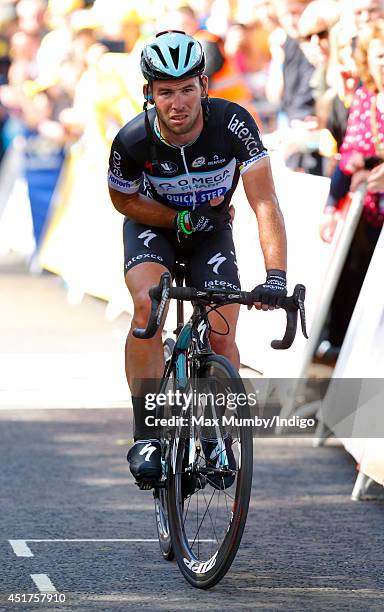 Mark Cavendish finishes stage one of the Tour de France after crashing just before the finish line on July 5, 2014 in Harrogate, England.