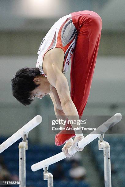 Yusuke Tanaka of Japan competes on the Parallel Bars during the 68th All Japan Gymnastics Apparatus Championships on July 6, 2014 in Chiba, Japan.