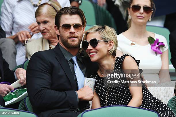 Chris Hemsworth and Elsa Pataky in the Royal Box on Centre Court before the Gentlemen's Singles Final match between Roger Federer of Switzerland and...