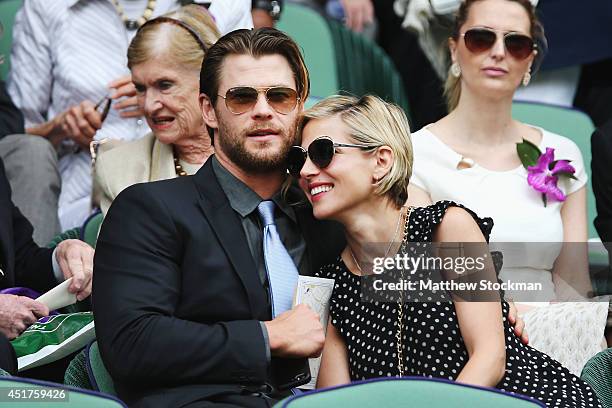 Chris Hemsworth and Elsa Pataky in the Royal Box on Centre Court before the Gentlemen's Singles Final match between Roger Federer of Switzerland and...