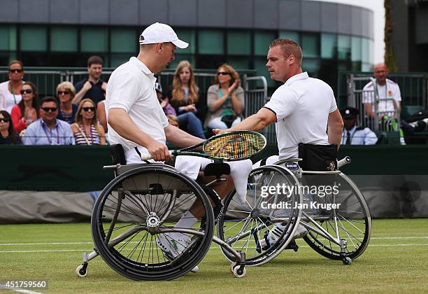 Maikel Scheffers and Ronald Vink of Netherlands during their Gentlemen's Wheelchair Doubles Final match against Stephane Houdet of France and Shingo...