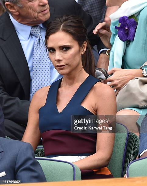 Victoria Beckham attends the mens singles final between Novak Djokovic and Roger Federer on centre court during day thirteen of the Wimbledon...