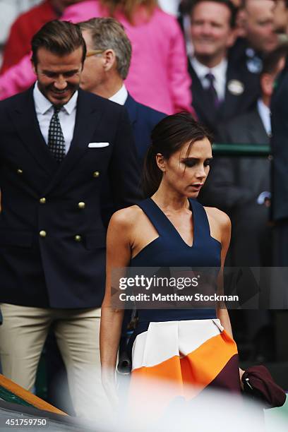 David Beckham and Victoria Beckham in the Royal Box on Centre Court before the Gentlemen's Singles Final match between Roger Federer of Switzerland...