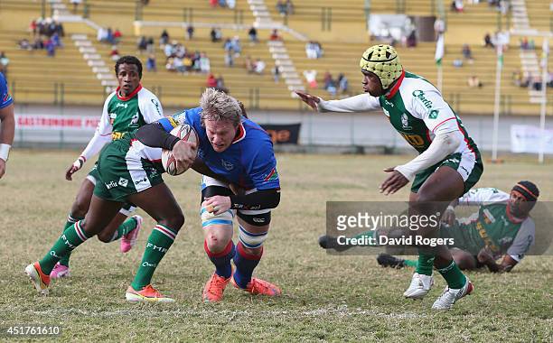 Renaldo Bothma of Namibia dives over for a try during the Rugby World Cup 2015 qualifying match between Madagascar and Namibia at the Mahamasina...
